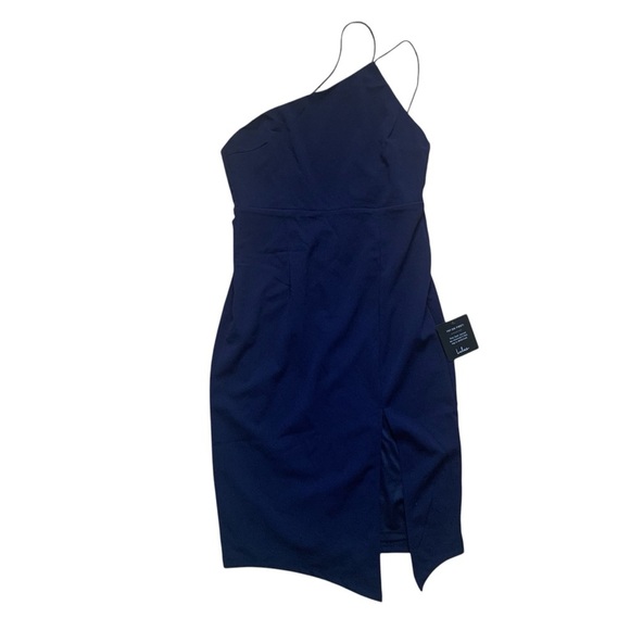 Lulus Happiest Hour Navy Blue Asymmetrical Bodycon Midi Dress Medium NEW TAG - Picture 2 of 7